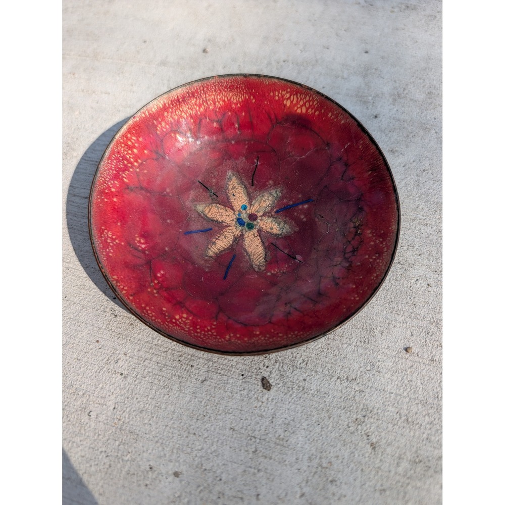 Vintage MCM Red Enamel on Copper Trinket Dish Flower Oxblood Studio Art 4"